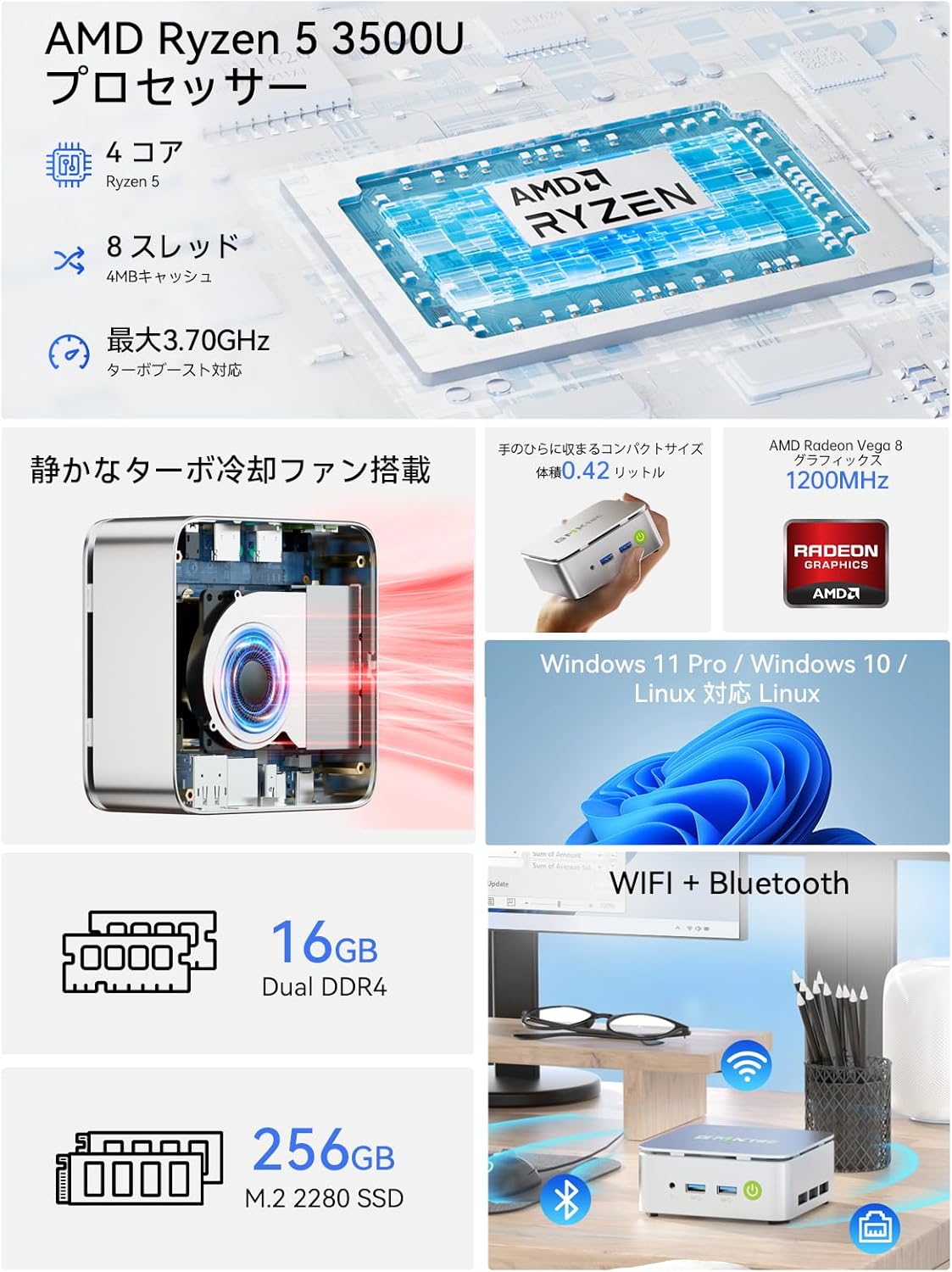 GMKtec ミニPC Ryzen 5 3500U 16GB+512GB-NEWのレンタル