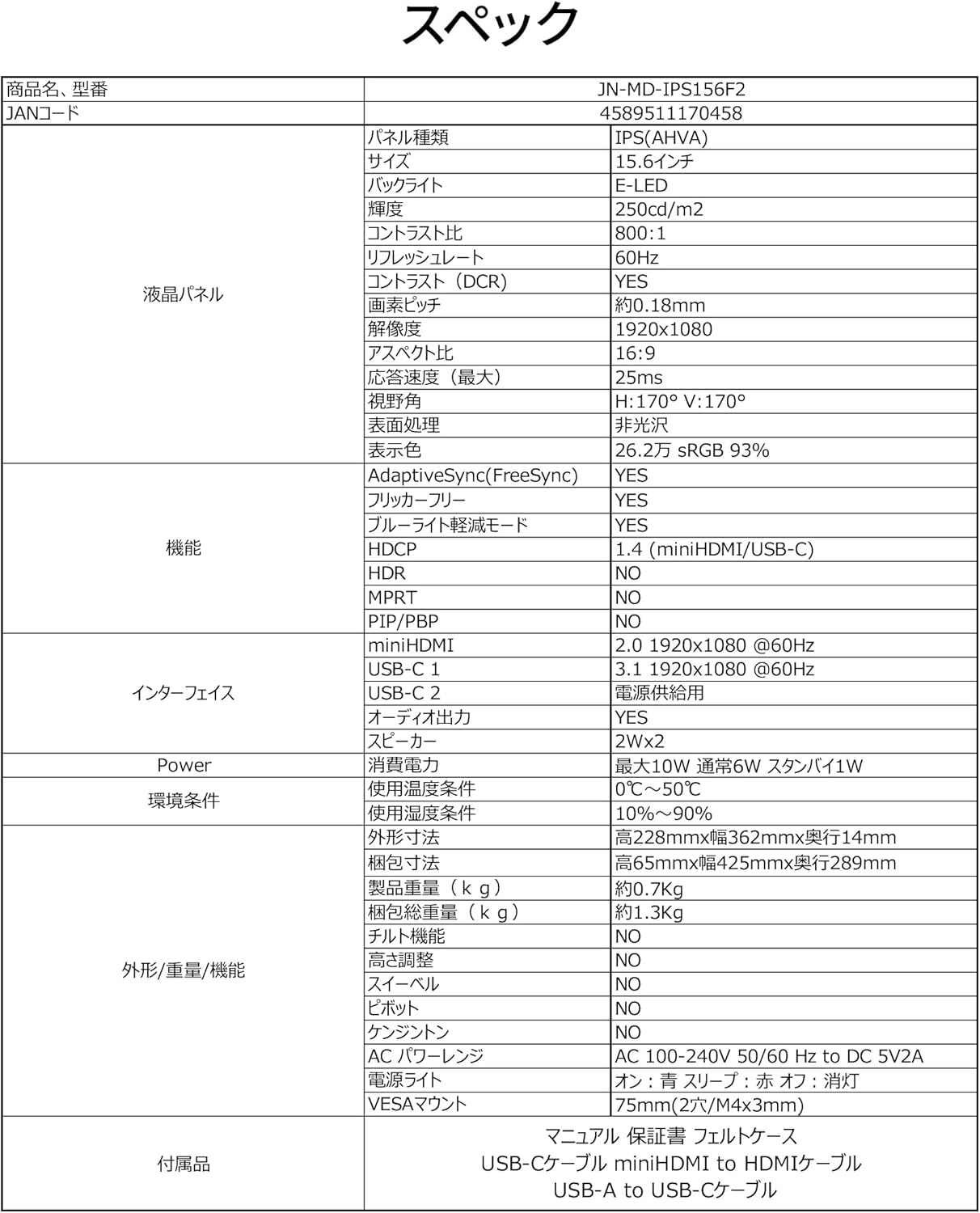 JAPANNEXT 15.6インチモバイルモニター JN-MD-IPS156F2のレンタル